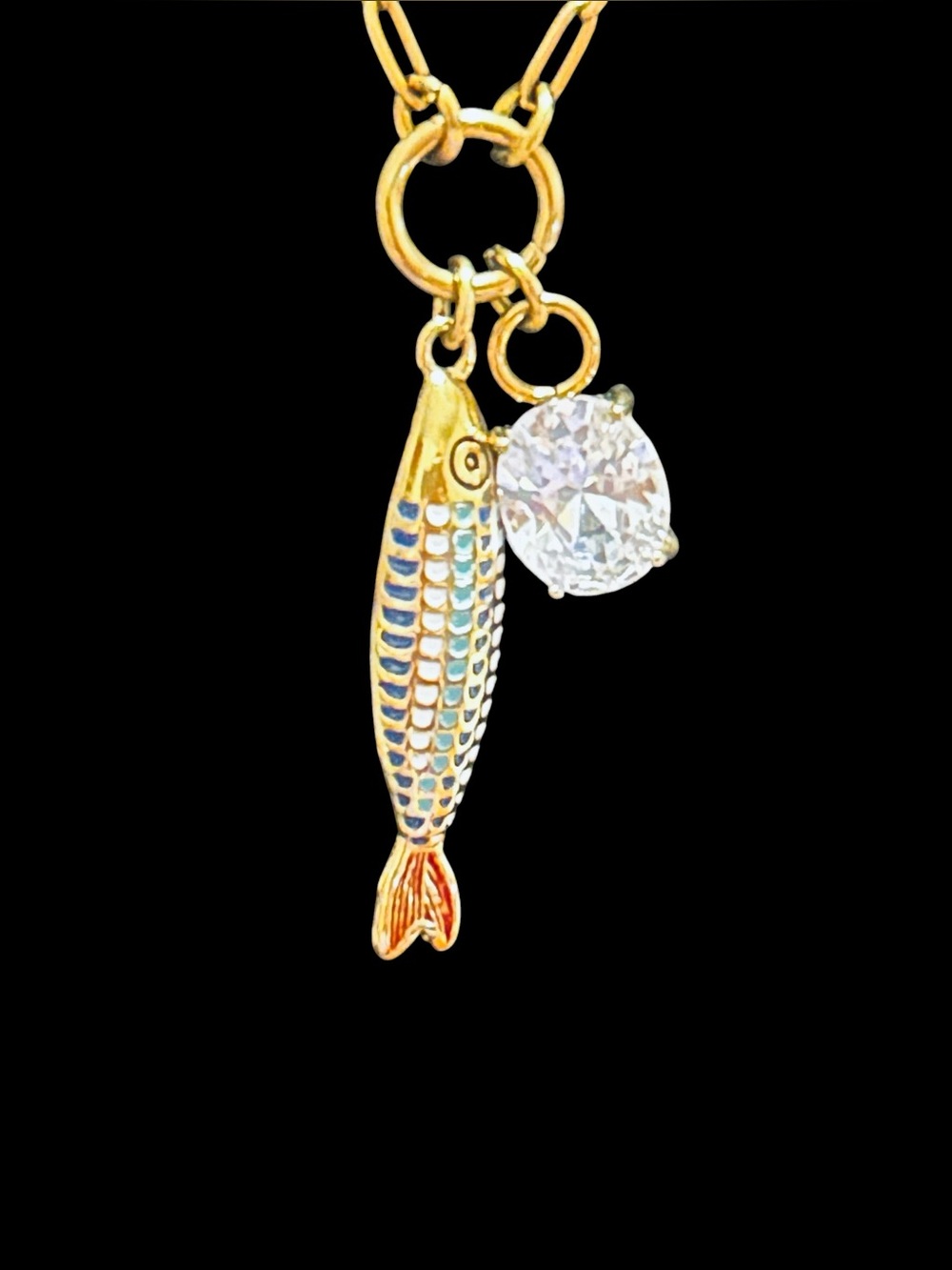Multi Color Fish Charm Paper Clip Necklace w Crystal Pendant MAYAMAR New in Bag - Picture 3 of 5